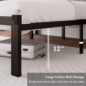 Feonase Twin Size Metal Bed Frame with Linen Upholstered Headboard, Heavy-Duty Platform Bed Frame with 12" Storage, Steel Slats Support, No Box Spring Needed, Gray