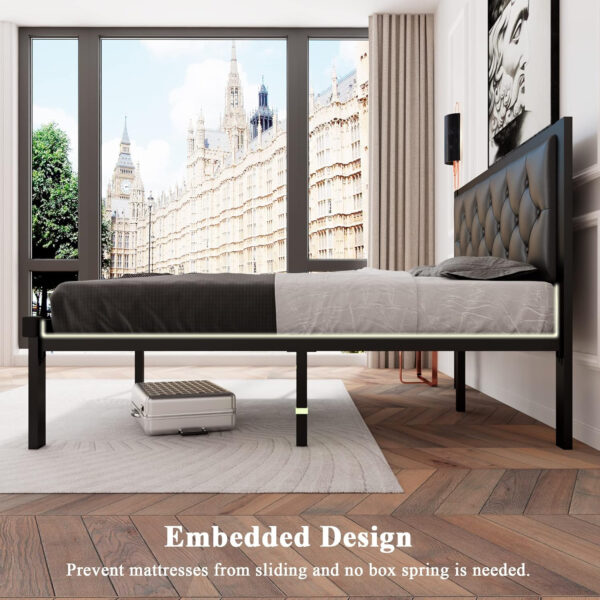 Feonase Twin Size Metal Bed Frame with Linen Upholstered Headboard, Heavy-Duty Platform Bed Frame with 12" Storage, Steel Slats Support, No Box Spring Needed, Gray