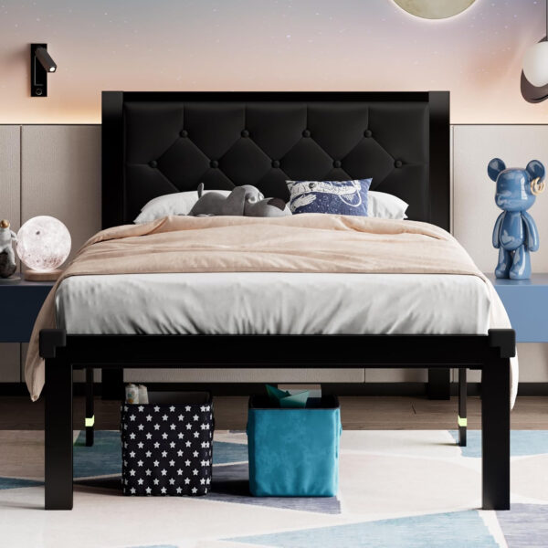 Feonase Twin Size Metal Bed Frame with Linen Upholstered Headboard, Heavy-Duty Platform Bed Frame with 12" Storage, Steel Slats Support, No Box Spring Needed, Gray
