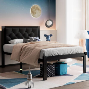 Feonase Twin Size Metal Bed Frame with Linen Upholstered Headboard, Heavy-Duty Platform Bed Frame with 12" Storage, Steel Slats Support, No Box Spring Needed, Gray