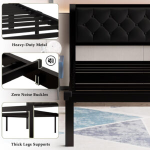 Feonase Twin Size Metal Bed Frame with Linen Upholstered Headboard, Heavy-Duty Platform Bed Frame with 12" Storage, Steel Slats Support, No Box Spring Needed, Gray