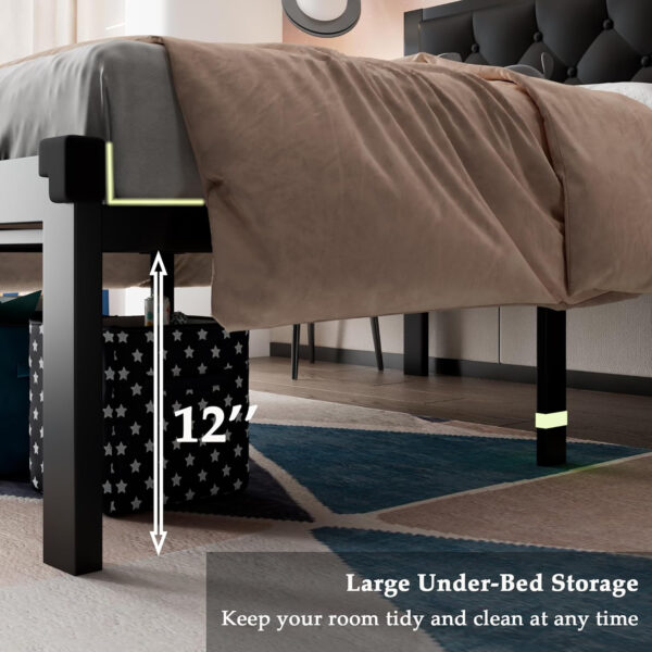 Feonase Twin Size Metal Bed Frame with Linen Upholstered Headboard, Heavy-Duty Platform Bed Frame with 12" Storage, Steel Slats Support, No Box Spring Needed, Gray