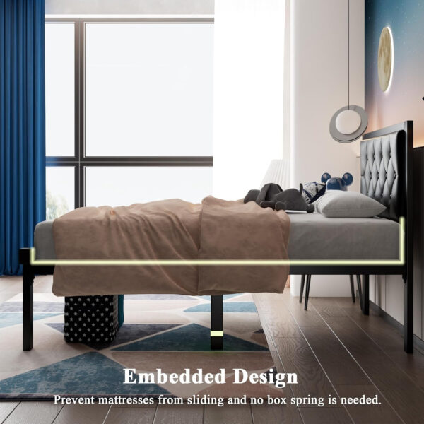 Feonase Twin Size Metal Bed Frame with Linen Upholstered Headboard, Heavy-Duty Platform Bed Frame with 12" Storage, Steel Slats Support, No Box Spring Needed, Gray