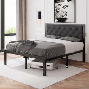 Feonase Twin Size Metal Bed Frame with Linen Upholstered Headboard, Heavy-Duty Platform Bed Frame with 12" Storage, Steel Slats Support, No Box Spring Needed, Gray