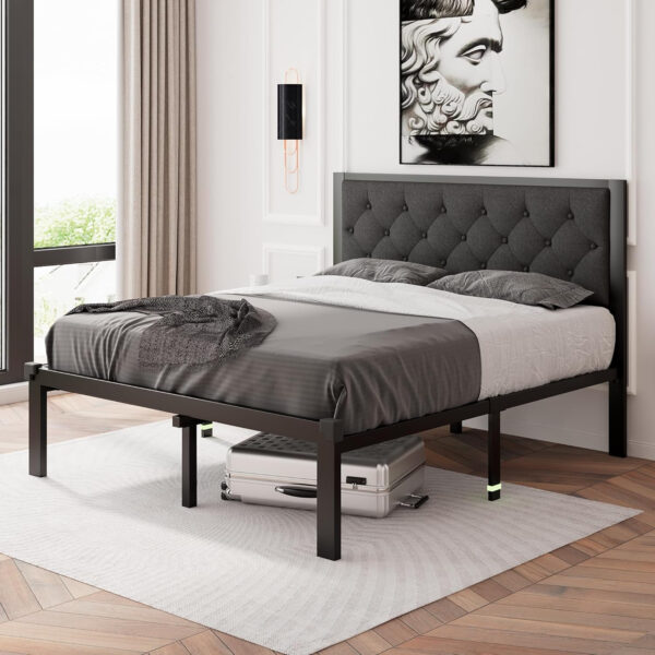 Feonase Twin Size Metal Bed Frame with Linen Upholstered Headboard, Heavy-Duty Platform Bed Frame with 12" Storage, Steel Slats Support, No Box Spring Needed, Gray