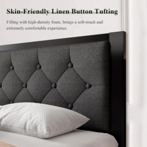 Feonase Twin Size Metal Bed Frame with Linen Upholstered Headboard, Heavy-Duty Platform Bed Frame with 12" Storage, Steel Slats Support, No Box Spring Needed, Gray