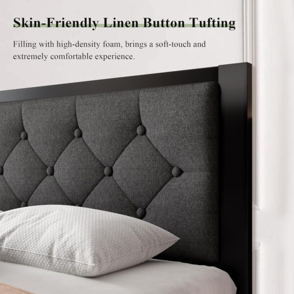 Feonase Twin Size Metal Bed Frame with Linen Upholstered Headboard, Heavy-Duty Platform Bed Frame with 12" Storage, Steel Slats Support, No Box Spring Needed, Gray