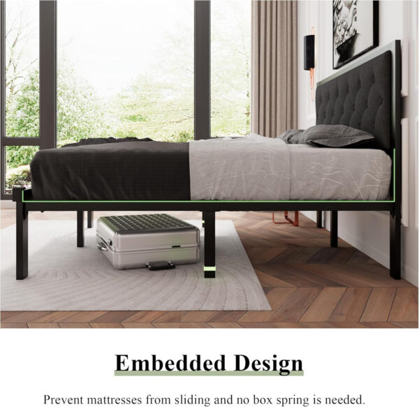 Feonase Twin Size Metal Bed Frame with Linen Upholstered Headboard, Heavy-Duty Platform Bed Frame with 12" Storage, Steel Slats Support, No Box Spring Needed, Gray