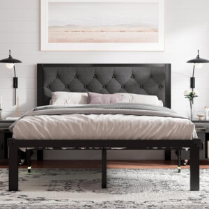 Feonase Twin Size Metal Bed Frame with Linen Upholstered Headboard, Heavy-Duty Platform Bed Frame with 12" Storage, Steel Slats Support, No Box Spring Needed, Gray