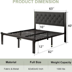 Feonase Twin Size Metal Bed Frame with Linen Upholstered Headboard, Heavy-Duty Platform Bed Frame with 12" Storage, Steel Slats Support, No Box Spring Needed, Gray