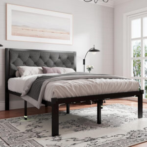 Feonase Twin Size Metal Bed Frame with Linen Upholstered Headboard, Heavy-Duty Platform Bed Frame with 12" Storage, Steel Slats Support, No Box Spring Needed, Gray