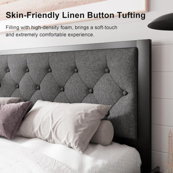 Feonase Twin Size Metal Bed Frame with Linen Upholstered Headboard, Heavy-Duty Platform Bed Frame with 12" Storage, Steel Slats Support, No Box Spring Needed, Gray