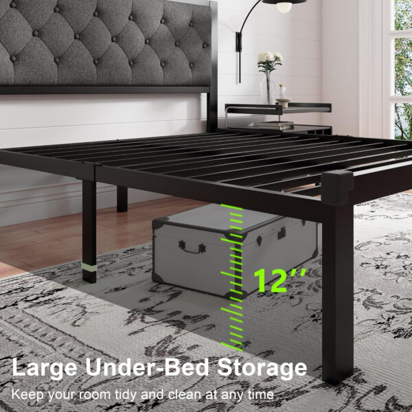 Feonase Twin Size Metal Bed Frame with Linen Upholstered Headboard, Heavy-Duty Platform Bed Frame with 12" Storage, Steel Slats Support, No Box Spring Needed, Gray