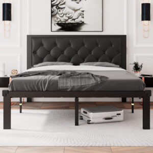Feonase Twin Size Metal Bed Frame with Linen Upholstered Headboard, Heavy-Duty Platform Bed Frame with 12" Storage, Steel Slats Support, No Box Spring Needed, Gray