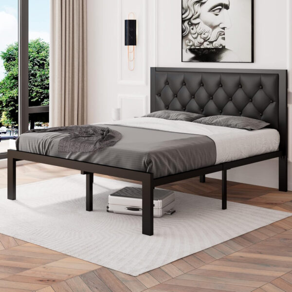 Feonase Twin Size Metal Bed Frame with Linen Upholstered Headboard, Heavy-Duty Platform Bed Frame with 12" Storage, Steel Slats Support, No Box Spring Needed, Gray
