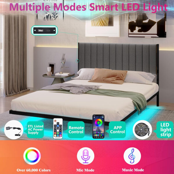688863ac263f7d0643bf390a924a8caec0cd1f5c7bb1d2268dd80.jpg Floating Double Bed Frame with LED Lights and Charging Station, Full Bed Frame with Upholstered Headboard, Metal Platform Bed Frame Full Size with Under Bed Storage, No Box Spring Needed