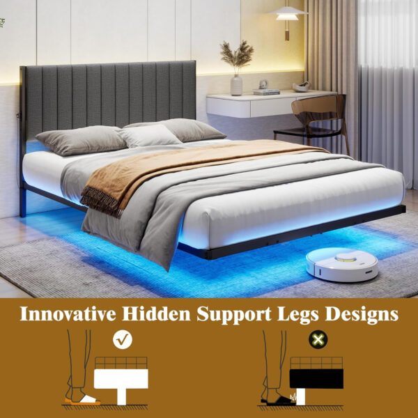 688863adcf8ecac2d198d1a5fa21ca7e8efbc62f85bf1f61fdd43.jpg Floating Double Bed Frame with LED Lights and Charging Station, Full Bed Frame with Upholstered Headboard, Metal Platform Bed Frame Full Size with Under Bed Storage, No Box Spring Needed