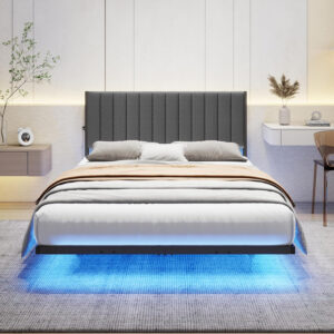 688863b2e85f92171465f4eff8ea78845991db8f9f5070c142197.jpg Floating Double Bed Frame with LED Lights and Charging Station, Full Bed Frame with Upholstered Headboard, Metal Platform Bed Frame Full Size with Under Bed Storage, No Box Spring Needed