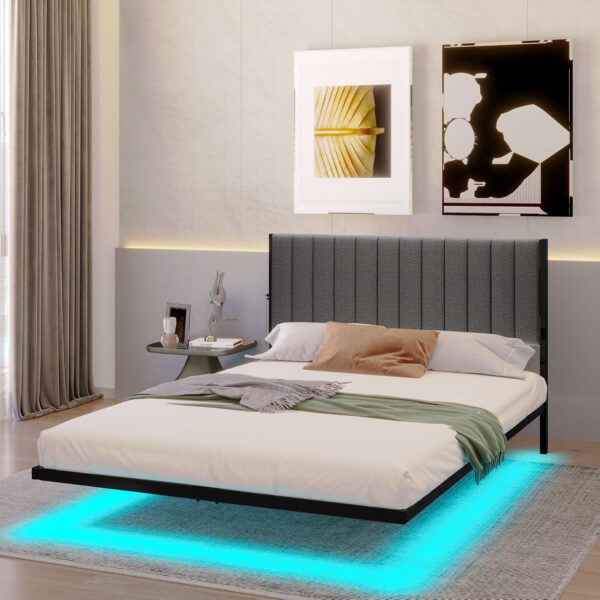 688863b48a0731afb0e6891093f5176a64ca4bbf5a28ee6874cf2.jpg Floating Double Bed Frame with LED Lights and Charging Station, Full Bed Frame with Upholstered Headboard, Metal Platform Bed Frame Full Size with Under Bed Storage, No Box Spring Needed