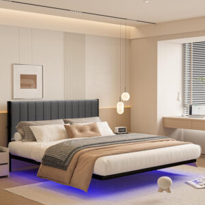 688863b62a40321a185f29b8960109db832529562277595213f23.jpg Floating Double Bed Frame with LED Lights and Charging Station, Full Bed Frame with Upholstered Headboard, Metal Platform Bed Frame Full Size with Under Bed Storage, No Box Spring Needed