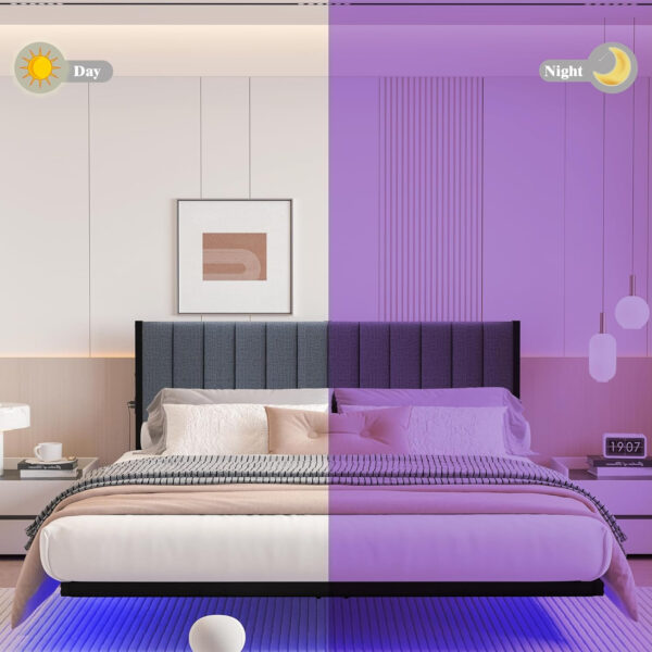 688863bb8020a6adb9fa594067a5f5fb39ea81edf9d220461f698.jpg Floating Double Bed Frame with LED Lights and Charging Station, Full Bed Frame with Upholstered Headboard, Metal Platform Bed Frame Full Size with Under Bed Storage, No Box Spring Needed