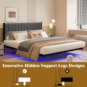 688863be040ce277f96157829b9f9396a5b1cfdb5b8c8d8aea684.jpg Floating Double Bed Frame with LED Lights and Charging Station, Full Bed Frame with Upholstered Headboard, Metal Platform Bed Frame Full Size with Under Bed Storage, No Box Spring Needed