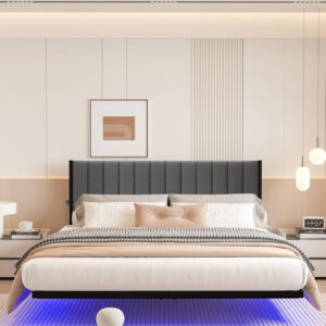 688863bf993e2e34e7a110796f08902df1bc9f1272fc7157b4cc8.jpg Floating Double Bed Frame with LED Lights and Charging Station, Full Bed Frame with Upholstered Headboard, Metal Platform Bed Frame Full Size with Under Bed Storage, No Box Spring Needed