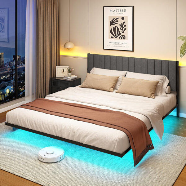 688863c12704d27f89e8b2e0b1f26876e215d5b29567ea81da4b6.jpg Floating Double Bed Frame with LED Lights and Charging Station, Full Bed Frame with Upholstered Headboard, Metal Platform Bed Frame Full Size with Under Bed Storage, No Box Spring Needed