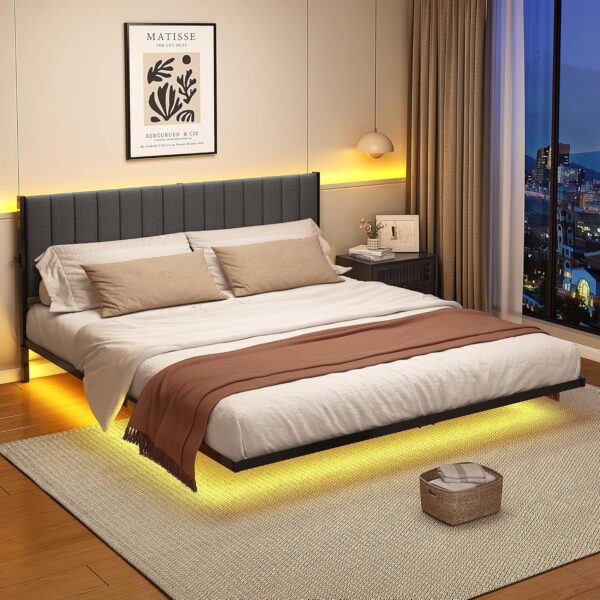688863c46c9ead1e3de81e7bbb4d41f6fd3bb51e1742b7768d847.jpg Floating Double Bed Frame with LED Lights and Charging Station, Full Bed Frame with Upholstered Headboard, Metal Platform Bed Frame Full Size with Under Bed Storage, No Box Spring Needed