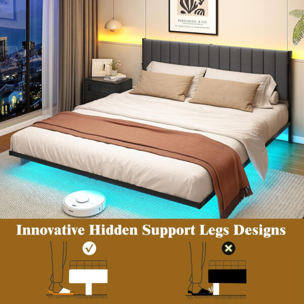 688863c7b7d1ae4bc1bac2839d7089e6be3059c522419480fd6d6.jpg Floating Double Bed Frame with LED Lights and Charging Station, Full Bed Frame with Upholstered Headboard, Metal Platform Bed Frame Full Size with Under Bed Storage, No Box Spring Needed