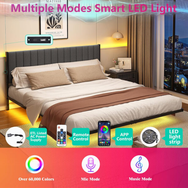 688863c954bd3e0f56321d8de2a85e040a54477bc9d998f79a497.jpg Floating Double Bed Frame with LED Lights and Charging Station, Full Bed Frame with Upholstered Headboard, Metal Platform Bed Frame Full Size with Under Bed Storage, No Box Spring Needed