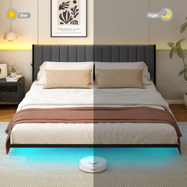 688863caea14923c6182a09ecf2390e2140e13263908f36867389.jpg Floating Double Bed Frame with LED Lights and Charging Station, Full Bed Frame with Upholstered Headboard, Metal Platform Bed Frame Full Size with Under Bed Storage, No Box Spring Needed