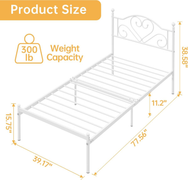 Weehom Twin Bed Frames with Headboard, Heavy Duty Metal Platform Under Bed Storage Space Easy Assembly for Kids Girls Adults White