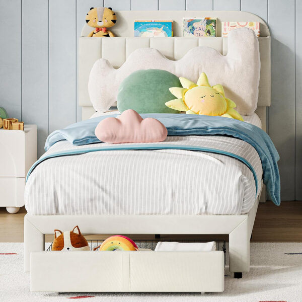 688864c754a7b5a0d73cbf8e1184f544ea80d2b277ce49351f754.jpg GarveeHome Set of 2 Twin Bed Frame with Drawer, Velvet Upholstered Platform Bed Frame with Storage Headboard, No Box Spring Needed, Easy Assembly, Noise-Free, Beige