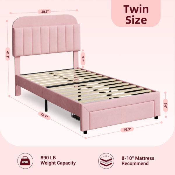 688864d0b3c47801aa04a7503c7597a578e4f6987d6d120d60e8d.jpg GarveeHome Set of 2 Twin Bed Frame with Drawer, Velvet Upholstered Platform Bed Frame with Storage Headboard, No Box Spring Needed, Easy Assembly, Noise-Free, Beige