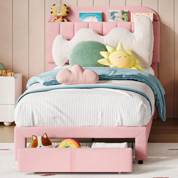 688864d4705a915d364b3b8f2c5b126c68c65b51d1b6563ab993c.jpg GarveeHome Set of 2 Twin Bed Frame with Drawer, Velvet Upholstered Platform Bed Frame with Storage Headboard, No Box Spring Needed, Easy Assembly, Noise-Free, Beige