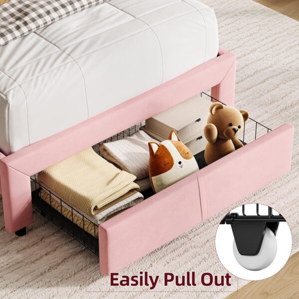 688864d7ef21ddc09f08ccb2258497d37cd41aacc0a1b8db0449b.jpg GarveeHome Set of 2 Twin Bed Frame with Drawer, Velvet Upholstered Platform Bed Frame with Storage Headboard, No Box Spring Needed, Easy Assembly, Noise-Free, Beige