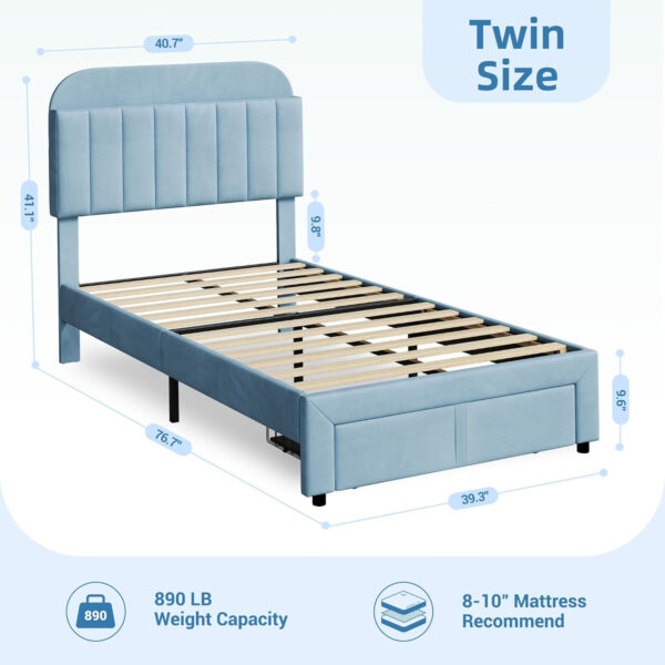 688864dcbeb3015c4a03f7ef40fcc84815569a2a7fa81650bb03a.jpg GarveeHome Set of 2 Twin Bed Frame with Drawer, Velvet Upholstered Platform Bed Frame with Storage Headboard, No Box Spring Needed, Easy Assembly, Noise-Free, Beige