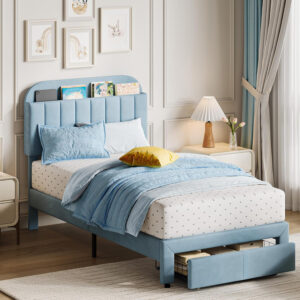 688864de6857a80eff0d3adaa176abd37ba77f896ed868d638968.jpg GarveeHome Set of 2 Twin Bed Frame with Drawer, Velvet Upholstered Platform Bed Frame with Storage Headboard, No Box Spring Needed, Easy Assembly, Noise-Free, Beige