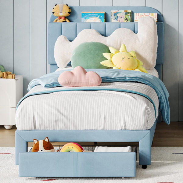 688864e02a2618992b5ca0cd801babe3d3328bf3dd604d05ff0d1.jpg GarveeHome Set of 2 Twin Bed Frame with Drawer, Velvet Upholstered Platform Bed Frame with Storage Headboard, No Box Spring Needed, Easy Assembly, Noise-Free, Beige