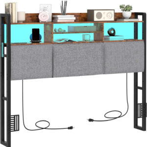 Headboard for Full Size Bed with Charging Station and LED Light, Full Bed Upholstered Head Board with Storage Shelves, Full Size Headboard with Power Outlets, Height Adjustable, Brown