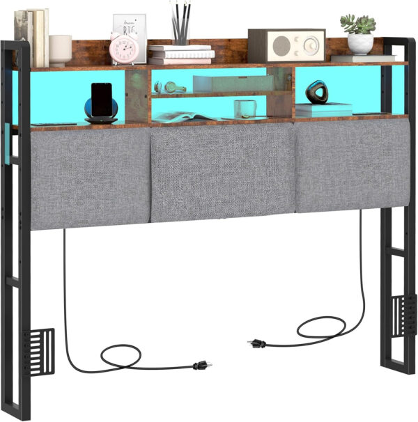 Headboard for Full Size Bed with Charging Station and LED Light, Full Bed Upholstered Head Board with Storage Shelves, Full Size Headboard with Power Outlets, Height Adjustable, Brown