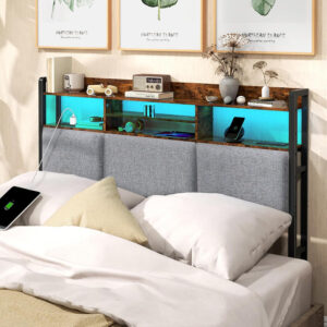 Headboard for Full Size Bed with Charging Station and LED Light, Full Bed Upholstered Head Board with Storage Shelves, Full Size Headboard with Power Outlets, Height Adjustable, Brown