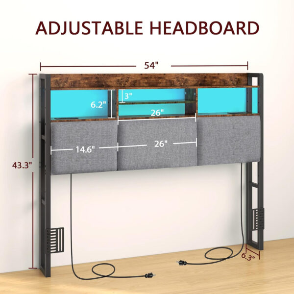 Headboard for Full Size Bed with Charging Station and LED Light, Full Bed Upholstered Head Board with Storage Shelves, Full Size Headboard with Power Outlets, Height Adjustable, Brown
