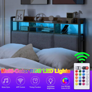 Headboard for Full Size Bed with Charging Station and LED Light, Full Bed Upholstered Head Board with Storage Shelves, Full Size Headboard with Power Outlets, Height Adjustable, Brown