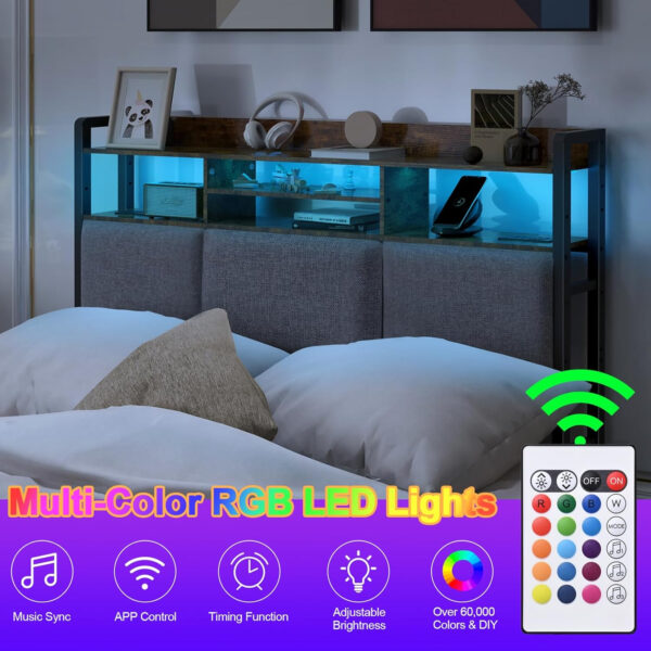 Headboard for Full Size Bed with Charging Station and LED Light, Full Bed Upholstered Head Board with Storage Shelves, Full Size Headboard with Power Outlets, Height Adjustable, Brown