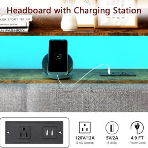 Headboard for Full Size Bed with Charging Station and LED Light, Full Bed Upholstered Head Board with Storage Shelves, Full Size Headboard with Power Outlets, Height Adjustable, Brown