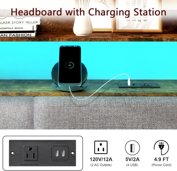 Headboard for Full Size Bed with Charging Station and LED Light, Full Bed Upholstered Head Board with Storage Shelves, Full Size Headboard with Power Outlets, Height Adjustable, Brown