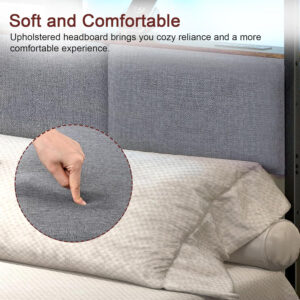 Headboard for Full Size Bed with Charging Station and LED Light, Full Bed Upholstered Head Board with Storage Shelves, Full Size Headboard with Power Outlets, Height Adjustable, Brown