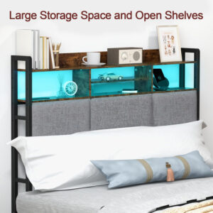 Headboard for Full Size Bed with Charging Station and LED Light, Full Bed Upholstered Head Board with Storage Shelves, Full Size Headboard with Power Outlets, Height Adjustable, Brown